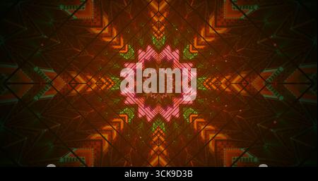 Kompliziertes symmetrisches Muster mit leuchtenden Farben wie Rot, Rosa und Grün. Das Design zeigt geometrische Formen, die ein faszinierendes Bild erzeugen Stockfoto