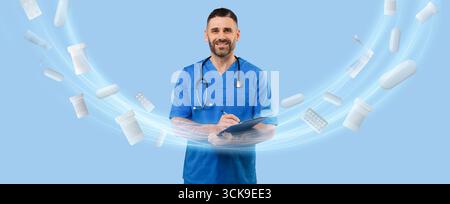 Medizinisches Fachpersonal umgeben von Medikamenten in einem dynamischen Collage-Design Stockfoto