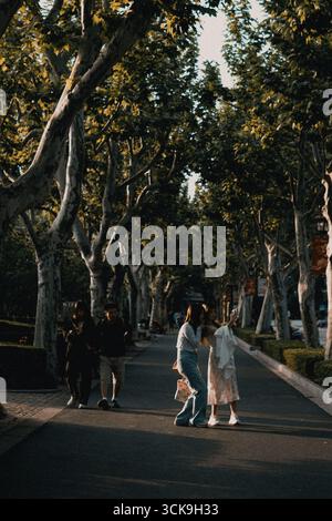 Eine Gruppe von Menschen genießt einen gemütlichen Spaziergang auf einem von Bäumen gesäumten Pfad und fängt das Wesen des städtischen Lebens in einer ruhigen Umgebung ein Stockfoto