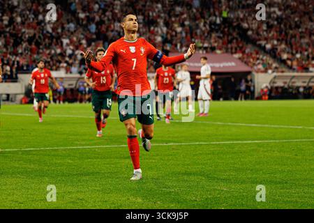 Cristiano Ronaldo feierte bei der WM 2026 ein Tor zwischen den ungarischen und polnischen Nationalmannschaften Stockfoto