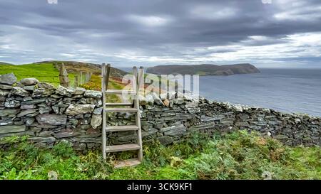 Port St. Mary, Isle of man 08,05,2023 eine Holzleiter lehnt sich an eine Steinmauer. Die Mauer ist aus Stein und liegt in der Nähe des Ozeans. Der Himmel Stockfoto
