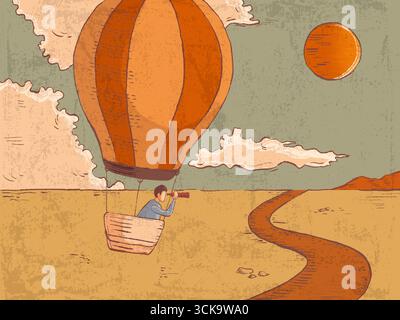 Mann, der in einem Heißluftballon fliegt und nach neuen Möglichkeiten sucht. Digitale Illustration. Stockfoto