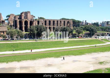 Blick über den Circus Maximus (Circo Massimo) in Richtung der Thermen des Maxentius (Terme di Massenzio) auf dem Palatin. Rom, Italien Stockfoto