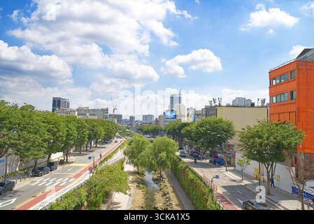 Cheonggyecheon Naherholungsgebiet um einen wiederbelebten Bach mit Gehwegen, Brücken und Grün. Weitwinkelblick von oben an einem sonnigen Tag. Seoul Stockfoto
