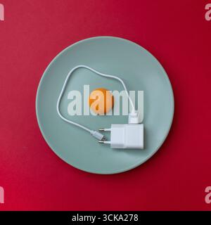 Ei aus rohem Eigelb und weißem Kabel auf einem Teller mit rotem Hintergrund. Flache Lagen. Das Konzept der Moderne. Stockfoto