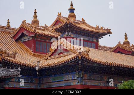 Detaillierte Nahaufnahme reich verzierter Dachlinien und Fliesen des Lama-Tempels in Peking Stockfoto