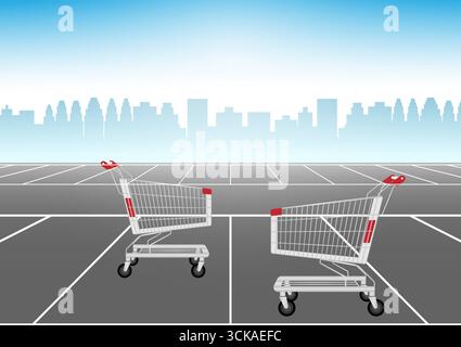 Einkaufswagen oder Einkaufswagen auf dem Parkplatz des Supermarktes. Einkaufskonzept. Vektorabbildung. Stock Vektor