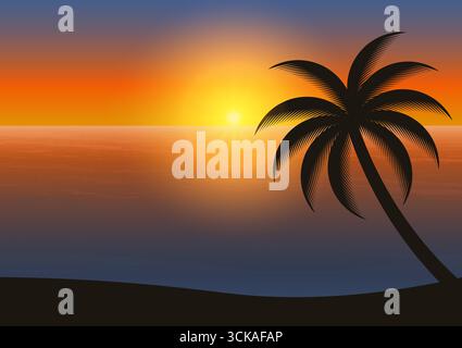 Summer Beach Bei Sonnenuntergang. Hintergrund Sonnenuntergang. Paradies tropische Insel im Sommer und Urlaubskonzept. Stock Vektor
