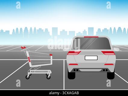 Einkaufswagen oder Einkaufswagen auf dem Parkplatz des Supermarktes. Einkaufskonzept. Vektorabbildung. Stock Vektor