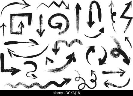 Pfeile für Pinselstrich. Handgezeichnete Tusche mit Pfeilformen mit Grunge-Textur. Gekrümmte, wellige, spiralförmige, drehende und zickzackige Richtungszeiger, Textu im Graffiti-Stil Stock Vektor