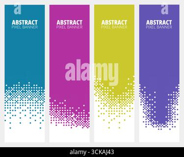 Abstraktes Pixelbanner. Vertikaler Halbtonverlauf mit pixeliertem Auflösungseffekt, digitalen quadratischen Mosaikhintergrundstreifen und 8-Bit-Überblendungsübergang ve Stock Vektor