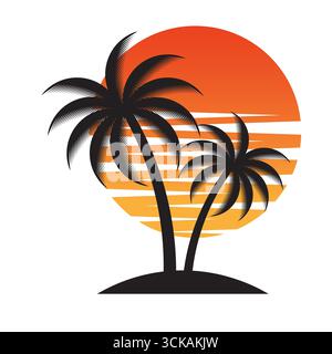 Palme mit Sonnenuntergang am Strand oder auf der Insel. Sonnenuntergang und Palm Tree Logo. Summer Beach Logo. Tropische Insel oder Paradise Island im Sommer. Vektorabbildung Stock Vektor