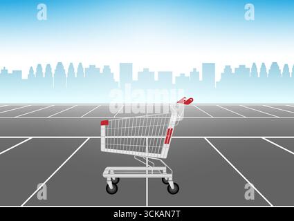 Einkaufswagen oder Einkaufswagen auf dem Parkplatz des Supermarktes. Einkaufskonzept. Vektorabbildung. Stock Vektor