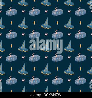 Nahtloses Muster mit süßen Kürbissen, Hexenhüten und Sternen auf blauem Hintergrund. Mystischer Hintergrund. Magische Attribute. Halloween-Muster. Vektorabbildung. Stock Vektor