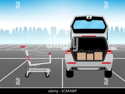 Einkaufstaschen im Kofferraum auf dem Parkplatz. Einkaufen im Supermarkt oder 24-Stunden-Geschäft. Einkaufskonzept. Vektorabbildung. Stock Vektor