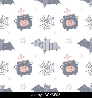 Niedliches Halloween nahtloses Vektormuster. Hintergrund mit Hand gezeichneten lustigen Fledermäusen, Kürbissen, Spinnennetzen und Kesseln auf weißem Hintergrund. Niedlicher kindlicher Hintergrund. Pastellfarben. Vektorabbildung. Stock Vektor