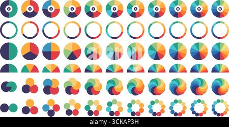 Mehrfarbige Kreisdiagramme. Segmentiertes Tortendiagramm und Donut Infografik, Messanlagenlayouts, überlappende und miteinander verbundene Kreise für Datenvisuen Stock Vektor