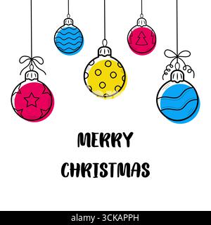 Weihnachtsgrußkarte mit weihnachtskugeln und hellen Akzenten. Frohe Weihnachten. Handgezeichneter Sketch-Stil. Vektorilllustration. Stock Vektor