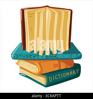 Offenes Buch mit drei farbenfrohen Büchern. Karikaturvektor isolierte Illustration auf weißem Hintergrund. Stock Vektor