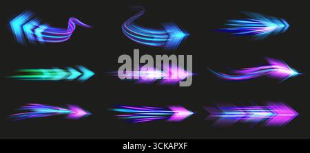 Pfeiltasten für Lichtgeschwindigkeit. Futuristische, leuchtende Pfeilstreifen mit High-Speed-Bewegungsunschärfe-Effekt, schnellen Zeigern und dynamischem Richtungsstrahl mit Neon-Glow-Effekt Stock Vektor