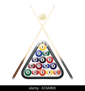 Billard- und Poolbälle im Triangle Rack mit White Cue Ball und zwei Billardkugeln. Realistische Vektordarstellung des Snooker-Sets isoliert. Sport, Bar Stock Vektor