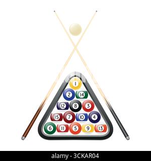 Billard- und Poolbälle im Triangle Rack mit White Cue Ball und zwei Billardkugeln. Realistische Vektordarstellung des Snooker-Sets isoliert. Sport, Bar Stock Vektor