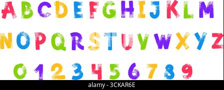 Grunge Pinsel Großbuchstaben. Handgezeichnetes buntes Alphabet, grobe strukturierte Großbuchstaben und Zahlen mit strukturiertem Maleffekt für künstlerische Typog Stock Vektor