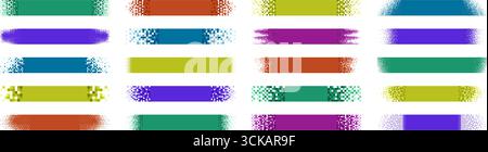 Gepixelte Formen. Farbenfrohe Banner mit 8-Bit-Pixeln-Farbverlauf, Bitmap-Streifen mit blassenden Pixelrändern, horizontaler Hintergrund im Retro-Digital-Glitch-Stil Stock Vektor
