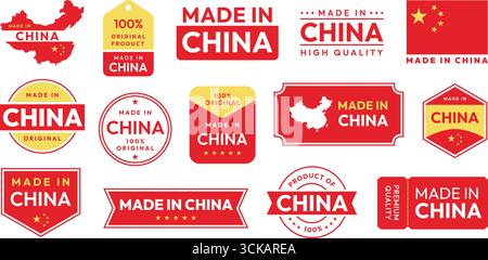 „Made in China“-Etiketten. Produktursprungsabzeichen mit China-Karte und Flaggensymbolen. Chinesische Exportproduktmarken für Verpackungs-Branding-Design, Produkt von Chi Stock Vektor