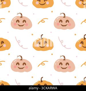 Halloween-Muster. Nahtloses Herbstmuster mit handgezeichneten Kürbissen und Konfetti auf weißem Hintergrund. Niedlicher, gemütlicher Herbst-Hintergrund. Dekorative orangefarbene Kürbisse in Zeichentrick. Pastellfarben. Vektorabbildung. Vektorabbildung. Stock Vektor
