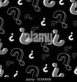 Schwarzer nahtloser Hintergrund mit handgezeichnetem weißem Fragezeichen-Muster. Ideal für Bildung, Rätsel, Problemlösung und kreative Konzeptgestaltung Stock Vektor