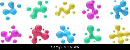 Flüssige 3D-Metaballformen. Glänzende, flüssige Klumpen, bunte organische Blasenformen und dynamisch verbundene Kugeln. Abstrakte Metaballen, Molekülstrukturen A Stock Vektor