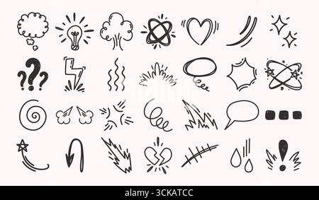 Doodle-Expression-Zeichen. Handgezeichnete Emotionen und Reaktionssymbole, Sprechblasen im Comic-Stil, Gedankenwolken, Zeichen für Liebe, Empörung, Freude und Co Stock Vektor