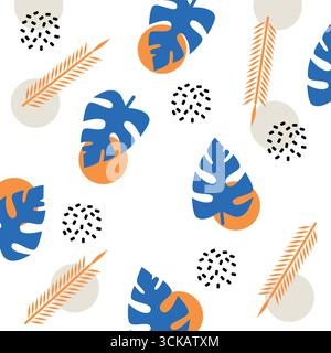 Helle, vom Sommer inspirierte tropische Blätter in Orange, Blau und Grün auf weißem Hintergrund. Perfekt für Urlaubsthemen, Textilien, Tapeten und Sum Stock Vektor