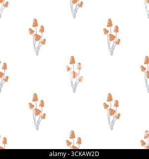 Pilzmuster auf weißem Hintergrund. Einfacher nahtloser Hintergrund mit braunen Pilzen, neutrales Vektormuster. Skurriles, minimalistisches Herbstmuster. Illustration der Vektorabwicklung. Stock Vektor