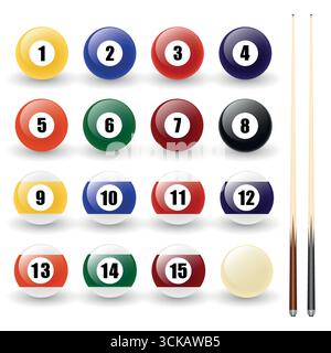 Billard- und Poolbälle Vektor-Set mit den Zahlen 1 bis 15, White Cue Ball und zwei Pool Cues. Realistische Snooker-Kugeln-Illustration Isoliert Stock Vektor