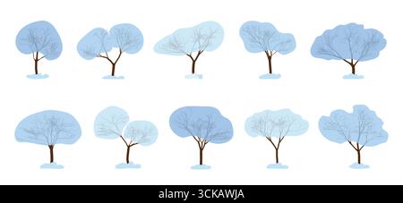 Winterlandschaft mit verschiedenen stilisierten Bäumen unter einer schneebedeckten Szene in Blau- und Weißtönen. Vektorabbildung Stock Vektor