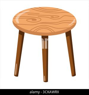 Runder Holzhocker im einfachen rustikalen Stil. Kleiner Teetisch. Karikaturvektor isolierte Illustration auf weißem Hintergrund. Stock Vektor