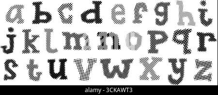 Schwarzes Halbtonalphabet. Gepixeltes Retro-Schriftdesign in Kleinbuchstaben. Comic-Pop-Art-Buchstaben. Strukturiertes, gepunktetes abc. Alte Zeitungen Typografie Set. Gerastertes Bitmap-englisches Alphabet. Vektor Stock Vektor