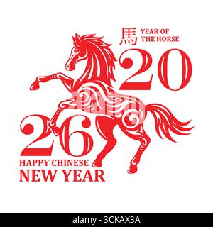 Chinesisches Neujahrs-2026-Grußkartendesign mit roter, stilisierter Pferdefigur Stock Vektor