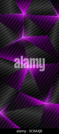 Kohlefaser mit niedrigem Polyhintergrund. Abstrakte geometrische Smartphone-Hintergrundbilder, leuchtende Linien, Dreieck. Grauer, violetter Hintergrund mit niedrigen Poly-Dreiecken. Stock Vektor
