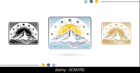 Berge und Sonne Landschaft Abzeichen isoliert auf einem weißen Hintergrund für Branding und Identitätsdesign, Firmenlogo, konzeptuelle Identität Stock Vektor