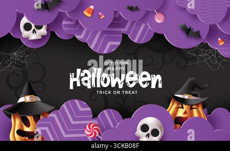 Gruseliger Halloween-Vektor mit Kürbissen in Hexenhüten, Schädeln, Fledermäusen, Süßigkeiten und lila Wolken. Perfekt für Partyeinladungen, Banner, Grußkarten, t Stock Vektor
