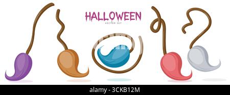 Halloween-Besen in lila, orange, blau, rosa und grau mit verdrehten Griffen. Perfekt für fröhliche Halloween-Grüße, Trick-or-Treat-Karten, gruselige T Stock Vektor
