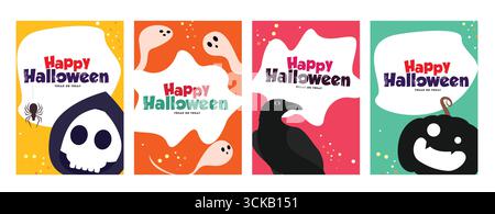 Verspielte Halloween-Grußkarten-Clipart mit gruseligen und lustigen Symbolen wie Schädel, Kürbis, Spinne, Krähe und Geistern. Ideal für Trick-or-Treat-Karten, Partys Stock Vektor