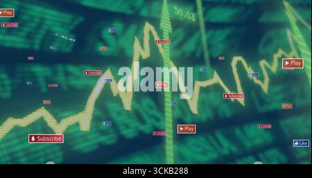 Gelbes Zickzack-Liniendiagramm mit Kursbewegungen auf der Plattform, mit Social-Media-Symbolen Stockfoto