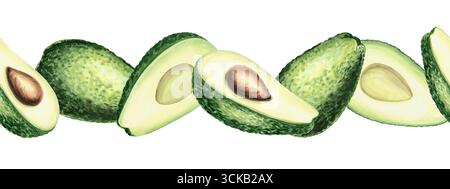 Avocado, ganz und geschnitten für halbe Aquarellrandung. Isolierte Illustration für Lebensmittel und kosmetische Desserts. Handgezeichnete exotische tropische Früchte Stockfoto