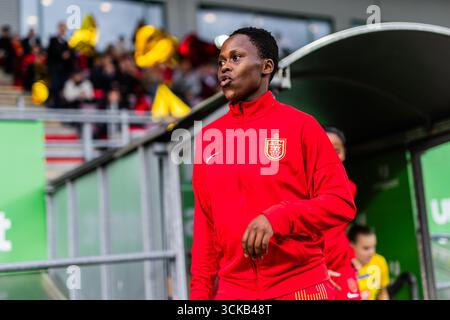 Farum, Dänemark. September 2025. Bongeka Gamede vom FC Nordsjaelland wurde während des Qualifikationsspiels des UEFA-Europapokals der Frauen zwischen dem FC Nordsjaelland und Kups rechts im Dream Park in Farum gesehen. Quelle: Gonzales Photo/Alamy Live News Stockfoto