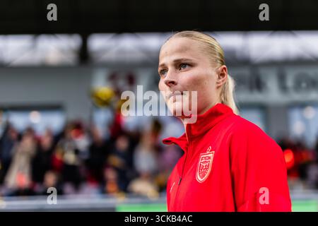 Farum, Dänemark. September 2025. Cecilie Larsen vom FC Nordsjaelland wurde während des Qualifikationsspiels des UEFA-Europapokals der Frauen zwischen dem FC Nordsjaelland und Kups rechts im Dream Park in Farum gesehen. Quelle: Gonzales Photo/Alamy Live News Stockfoto