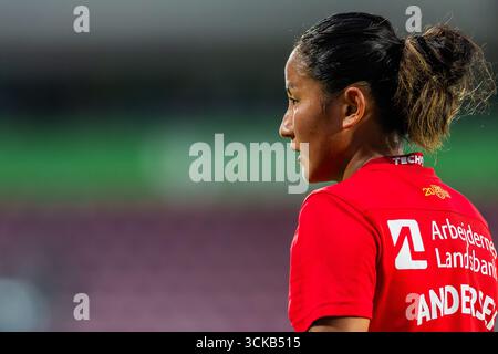 Farum, Dänemark. September 2025. Simone Andersen vom FC Nordsjaelland wurde während des Qualifikationsspiels des UEFA-Europapokals der Frauen zwischen dem FC Nordsjaelland und Kups rechts im Dream Park in Farum gesehen. Quelle: Gonzales Photo/Alamy Live News Stockfoto